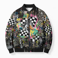 Silly Goose Team Racing Bomber Puffer Jacket Colorful Street Graffiti Checkered Flag
