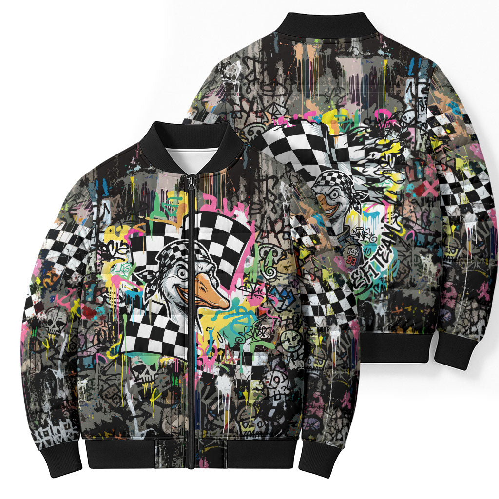 Silly Goose Team Racing Bomber Puffer Jacket Colorful Street Graffiti Checkered Flag