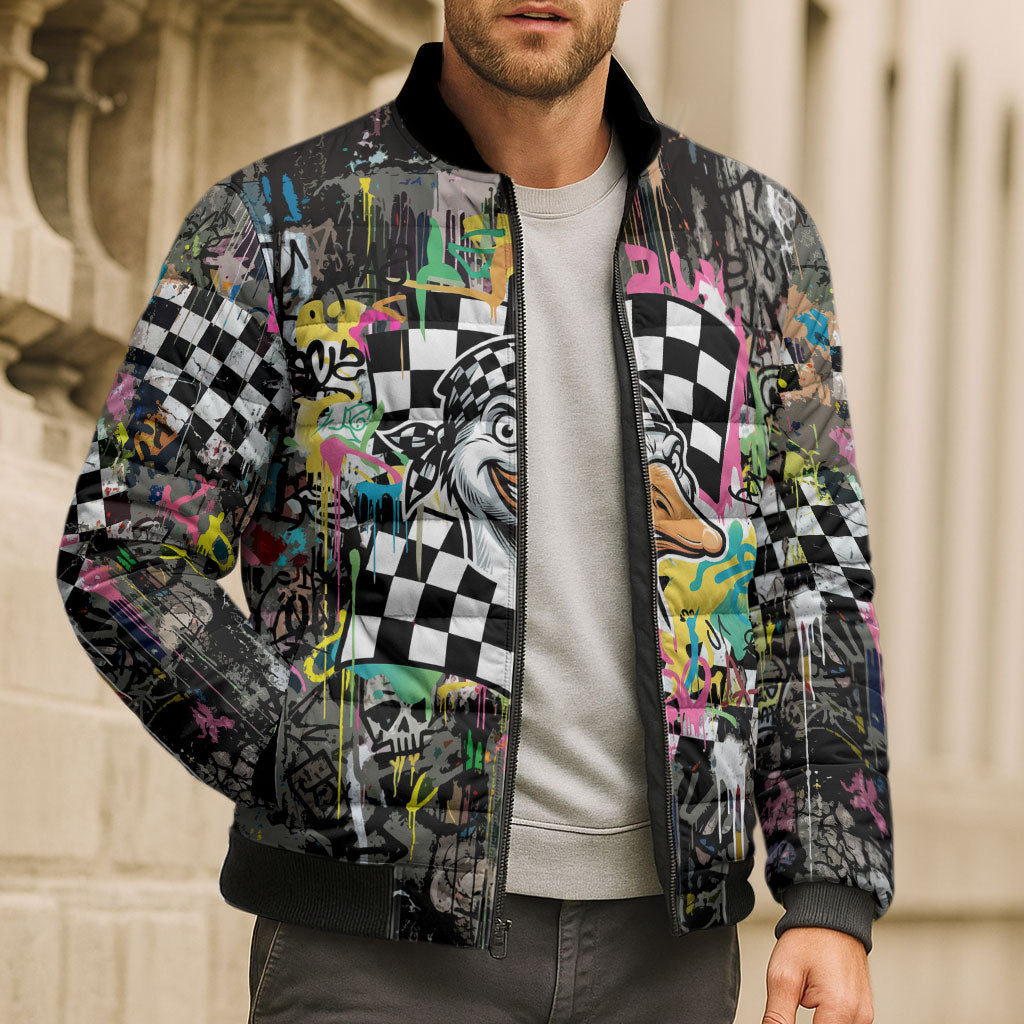 Silly Goose Team Racing Bomber Puffer Jacket Colorful Street Graffiti Checkered Flag