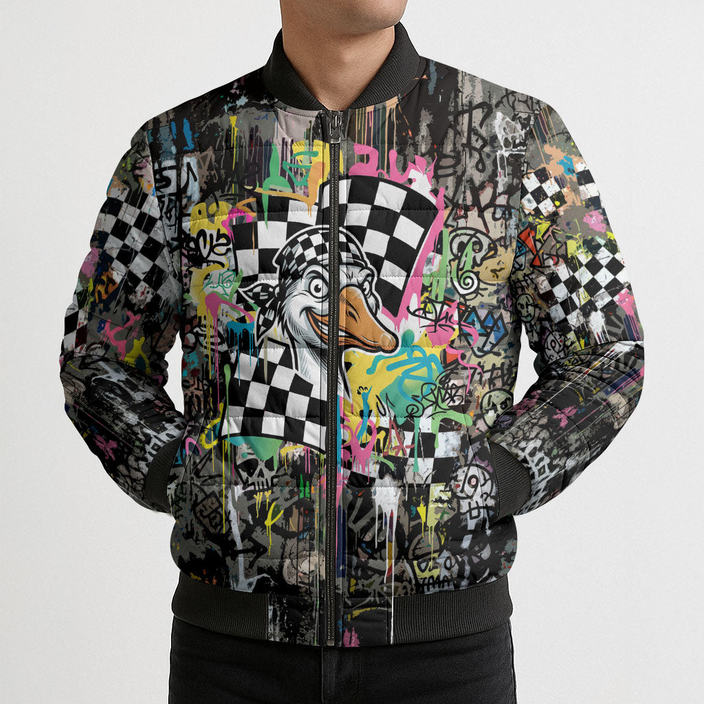 Silly Goose Team Racing Bomber Puffer Jacket Colorful Street Graffiti Checkered Flag
