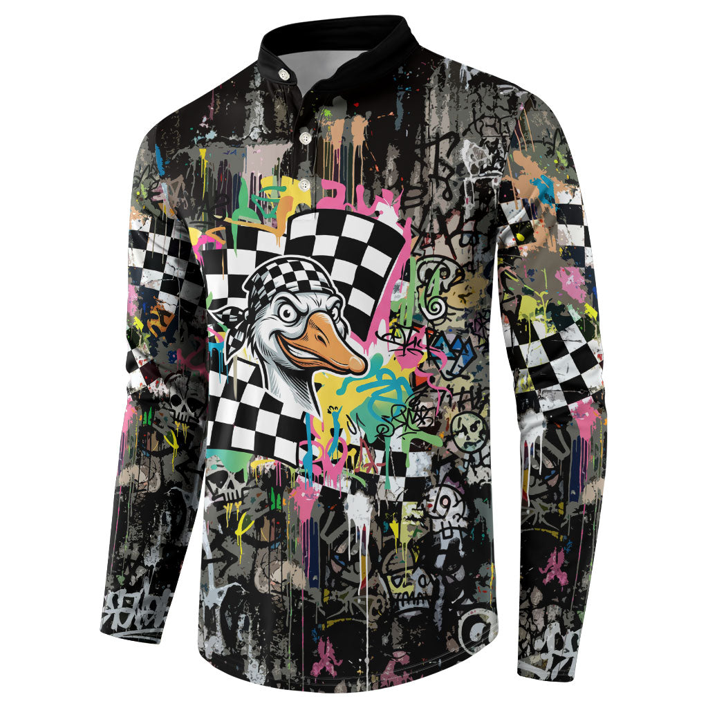 Silly Goose Team Racing Button Sweatshirt Colorful Street Graffiti Checkered Flag