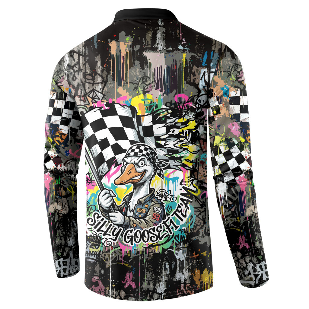 Silly Goose Team Racing Button Sweatshirt Colorful Street Graffiti Checkered Flag
