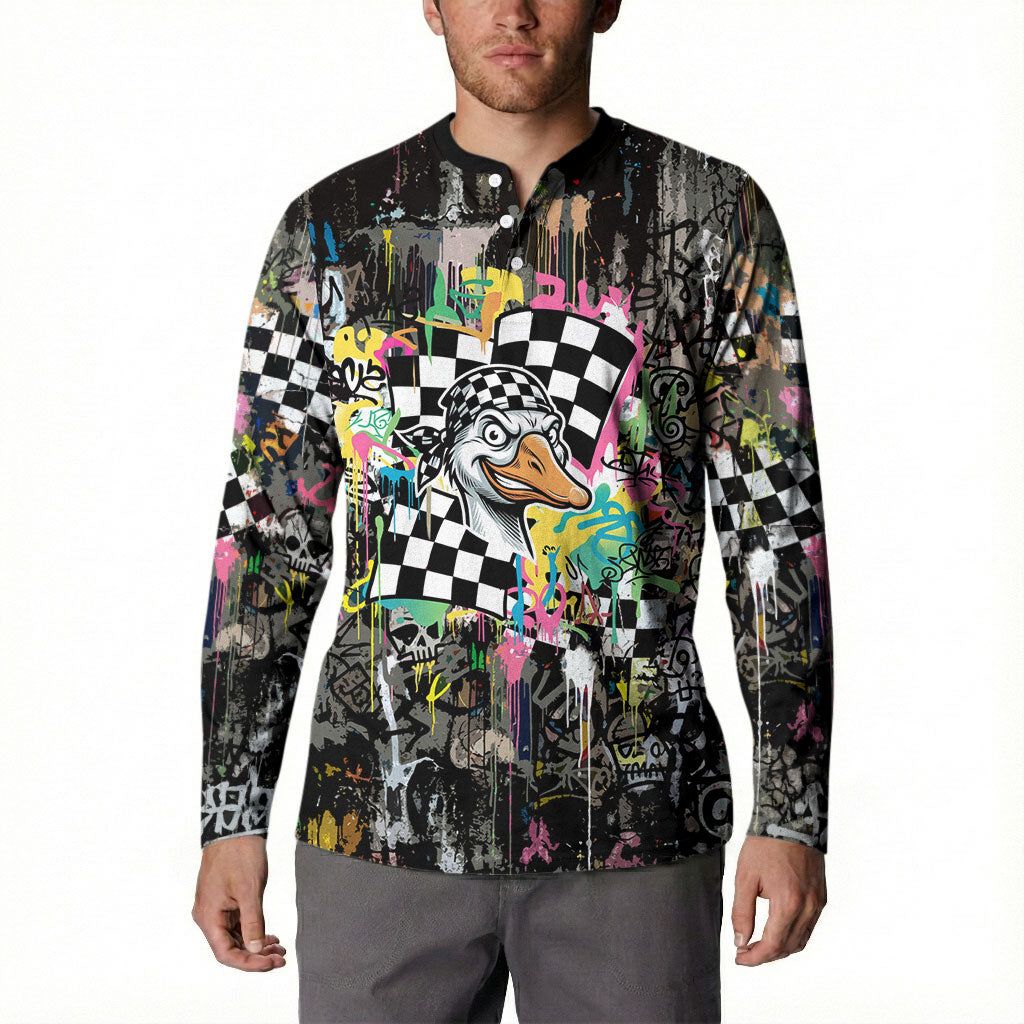 Silly Goose Team Racing Button Sweatshirt Colorful Street Graffiti Checkered Flag