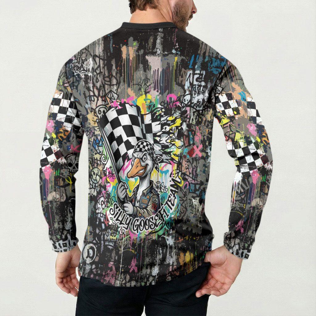 Silly Goose Team Racing Button Sweatshirt Colorful Street Graffiti Checkered Flag