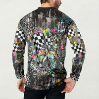 Silly Goose Team Racing Button Sweatshirt Colorful Street Graffiti Checkered Flag