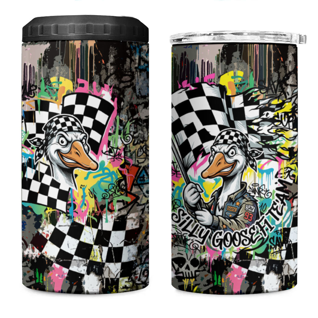 Silly Goose Team Racing 4 in 1 Can Cooler Tumbler Colorful Street Graffiti Checkered Flag