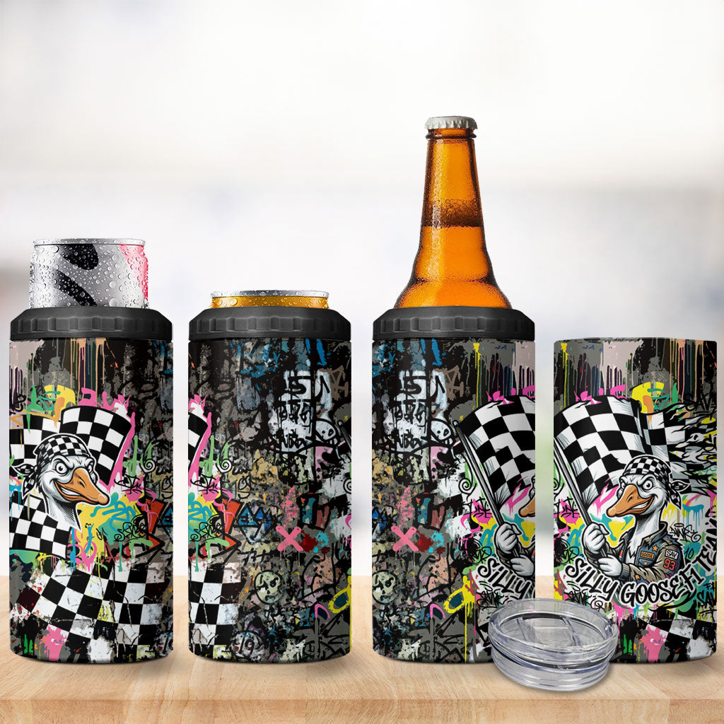 Silly Goose Team Racing 4 in 1 Can Cooler Tumbler Colorful Street Graffiti Checkered Flag
