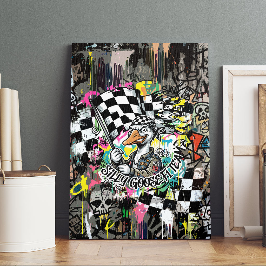 Silly Goose Team Racing Canvas Wall Art Colorful Street Graffiti Checkered Flag