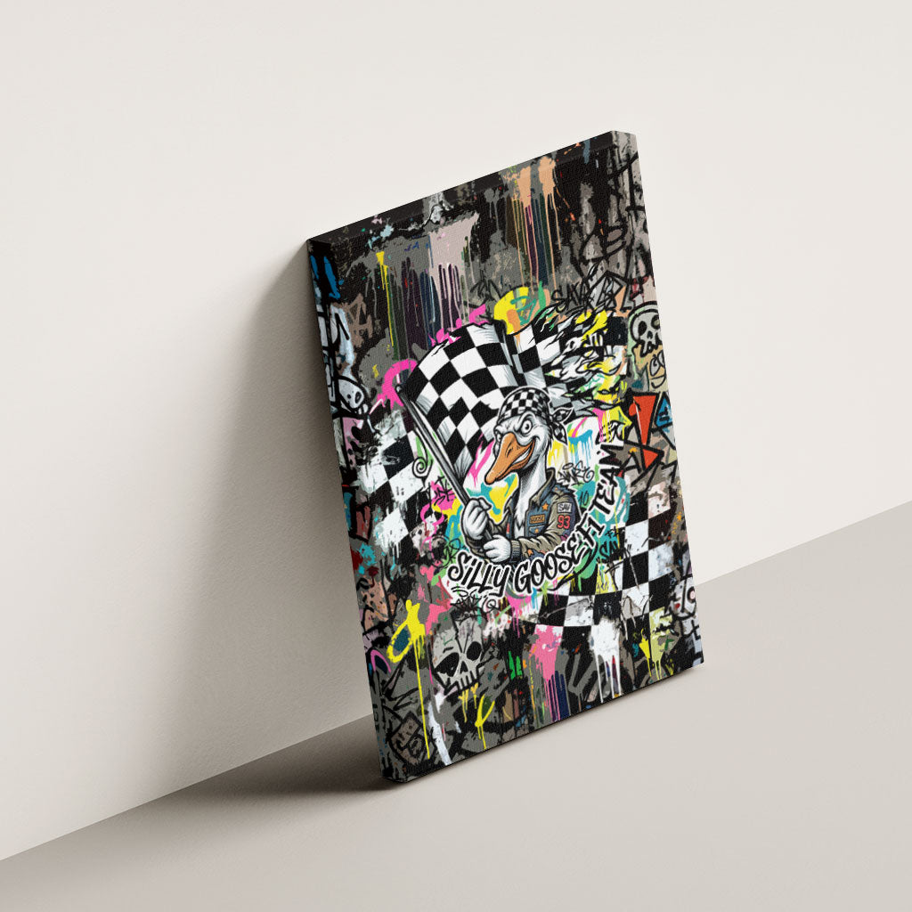Silly Goose Team Racing Canvas Wall Art Colorful Street Graffiti Checkered Flag