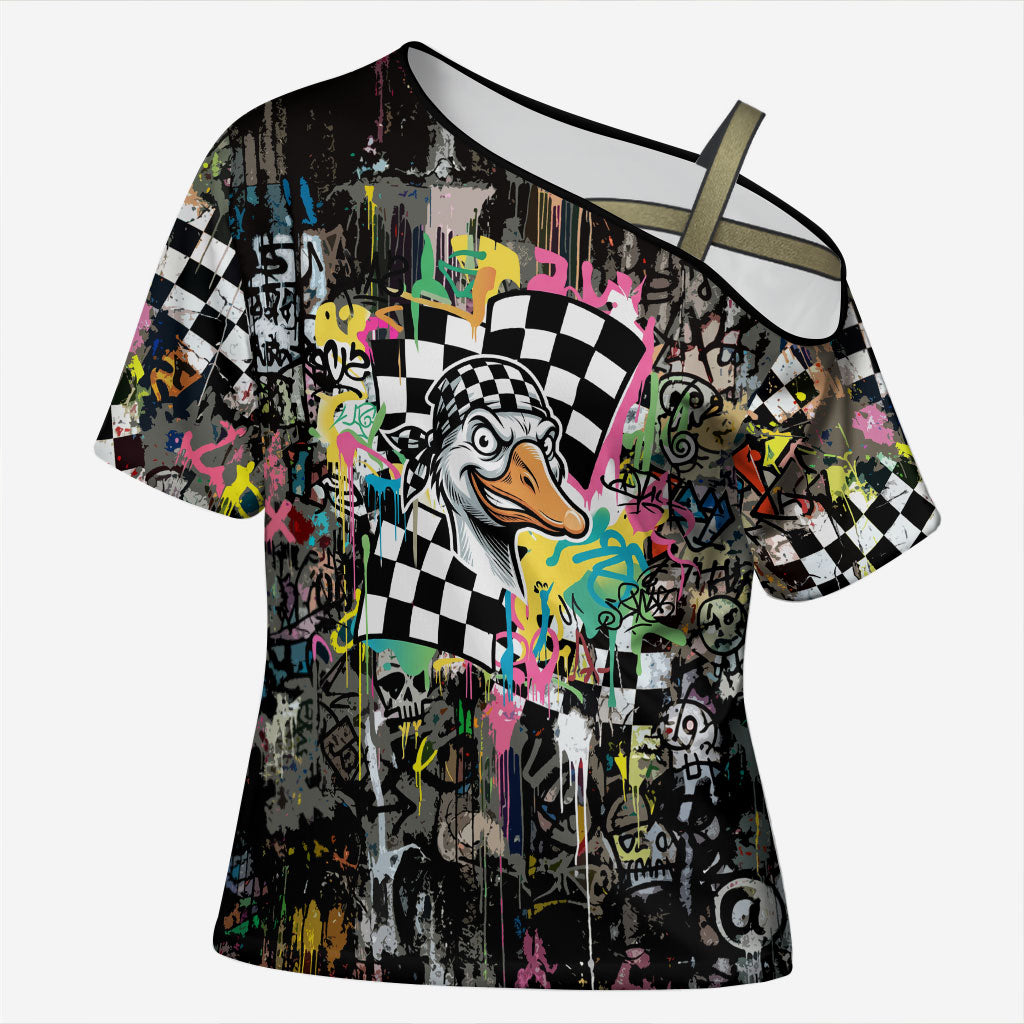 Silly Goose Team Racing Cross Shoulder Shirt Colorful Street Graffiti Checkered Flag