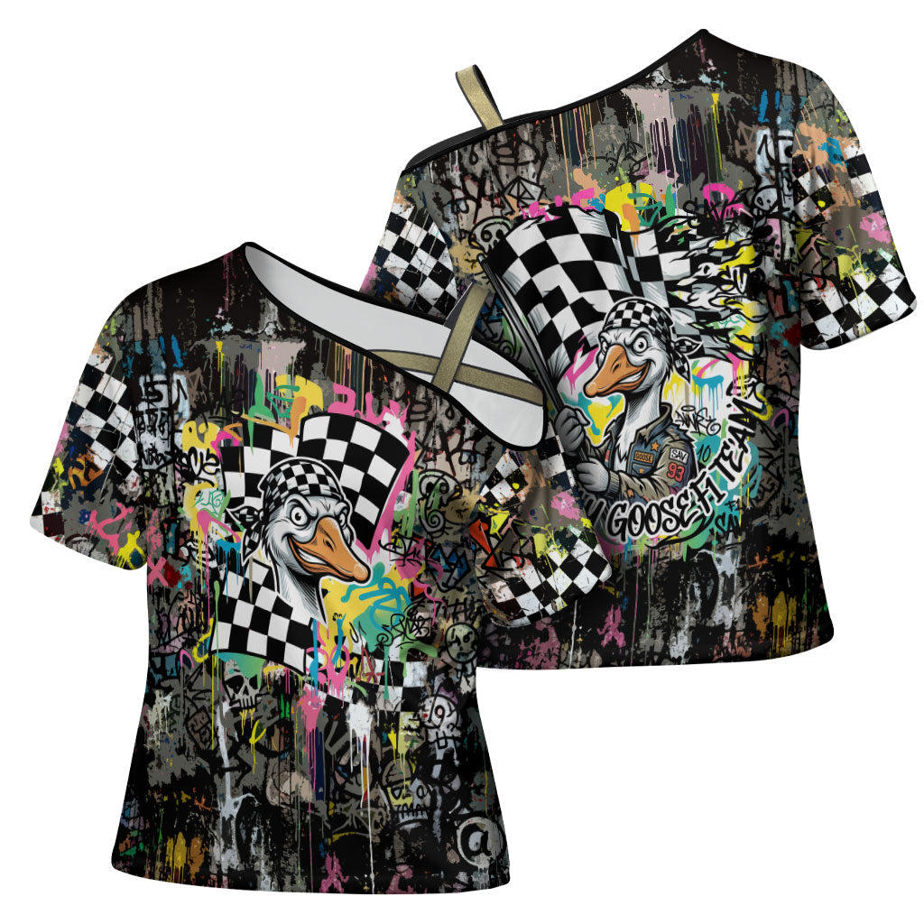 Silly Goose Team Racing Cross Shoulder Shirt Colorful Street Graffiti Checkered Flag