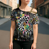 Silly Goose Team Racing Cross Shoulder Shirt Colorful Street Graffiti Checkered Flag
