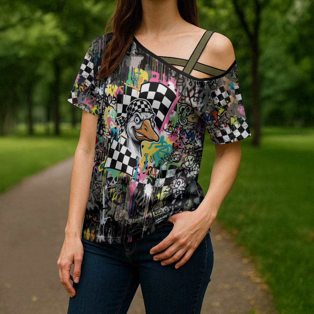 Silly Goose Team Racing Cross Shoulder Shirt Colorful Street Graffiti Checkered Flag