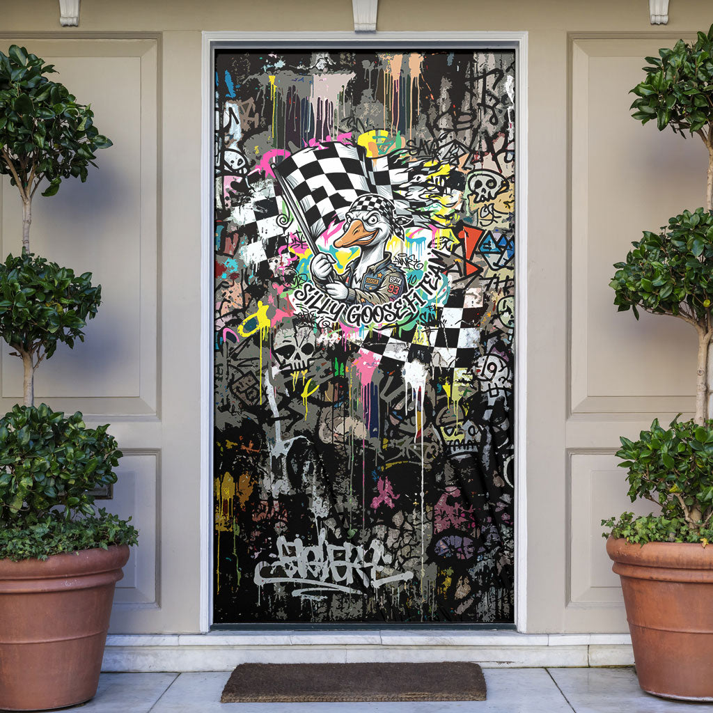 Silly Goose Team Racing Door Cover Colorful Street Graffiti Checkered Flag