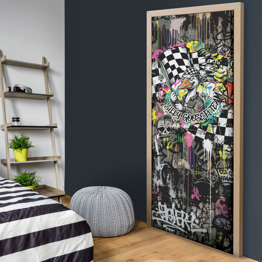 Silly Goose Team Racing Door Cover Colorful Street Graffiti Checkered Flag