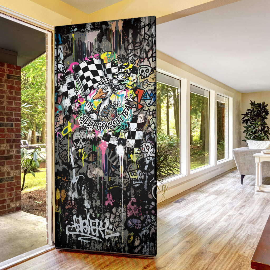 Silly Goose Team Racing Door Cover Colorful Street Graffiti Checkered Flag