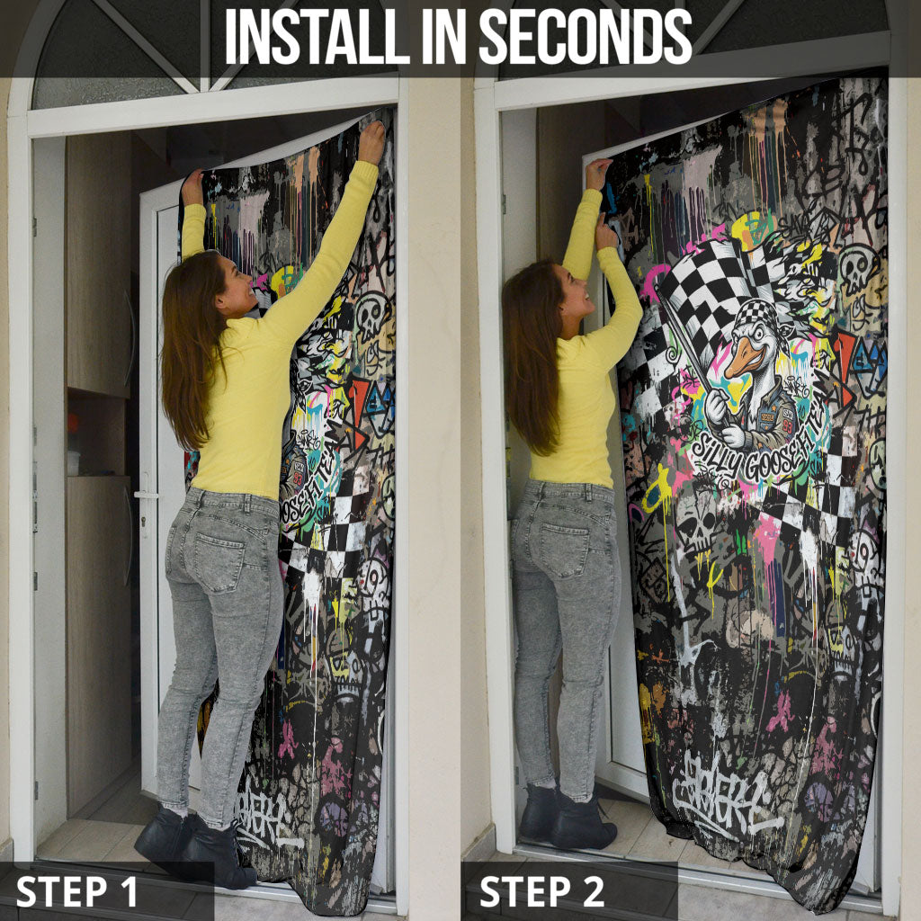 Silly Goose Team Racing Door Cover Colorful Street Graffiti Checkered Flag