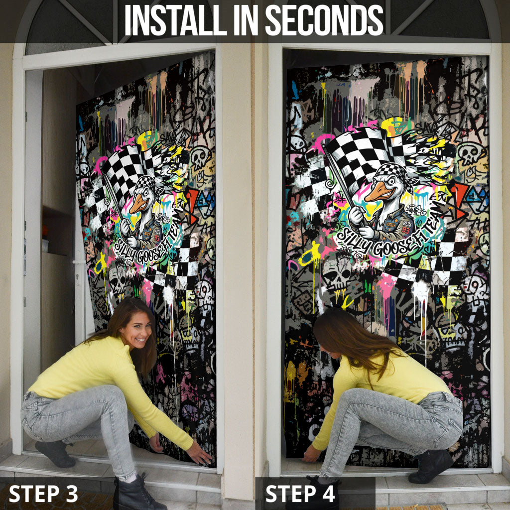 Silly Goose Team Racing Door Cover Colorful Street Graffiti Checkered Flag