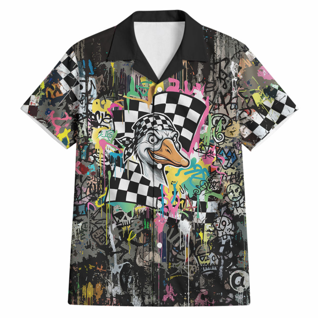 Silly Goose Team Racing Hawaiian Shirt Colorful Street Graffiti Checkered Flag