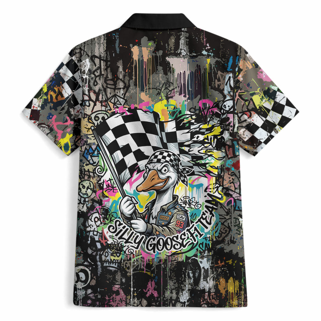 Silly Goose Team Racing Hawaiian Shirt Colorful Street Graffiti Checkered Flag