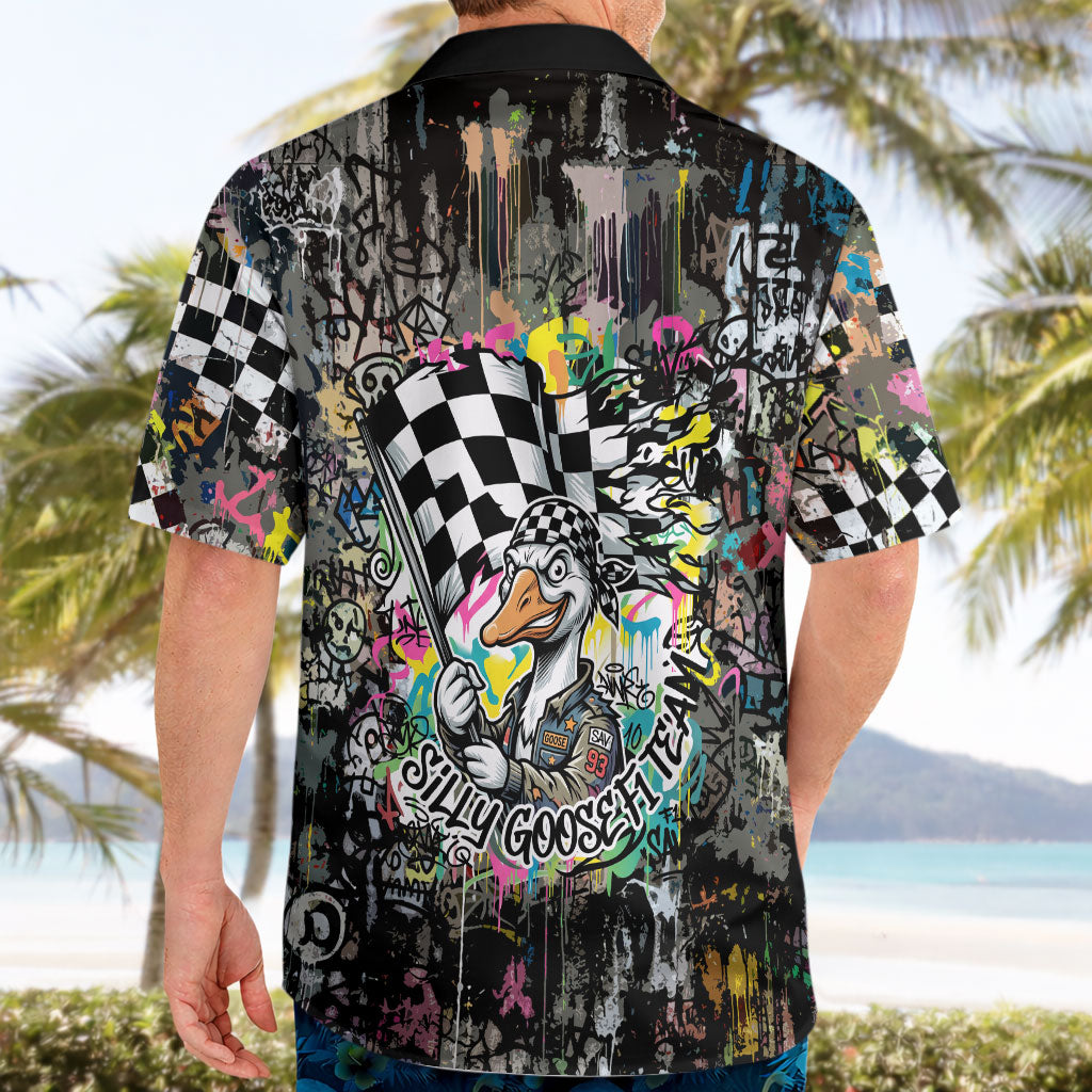 Silly Goose Team Racing Hawaiian Shirt Colorful Street Graffiti Checkered Flag