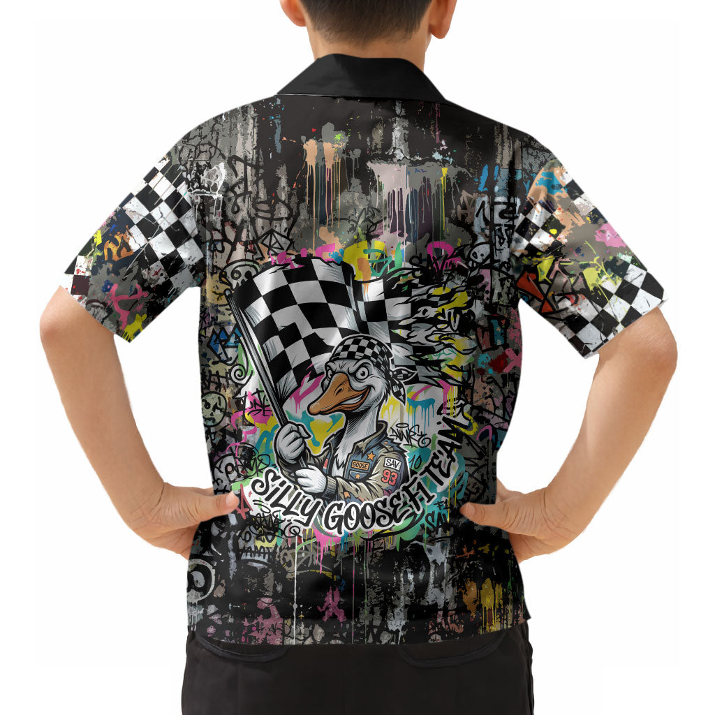 Silly Goose Team Racing Hawaiian Shirt Colorful Street Graffiti Checkered Flag