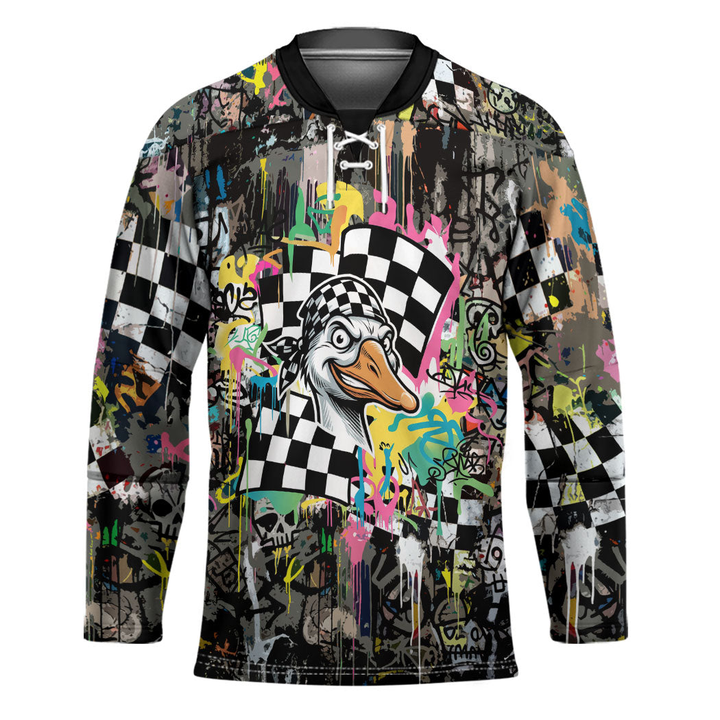 Silly Goose Team Racing Hockey Jersey Colorful Street Graffiti Checkered Flag
