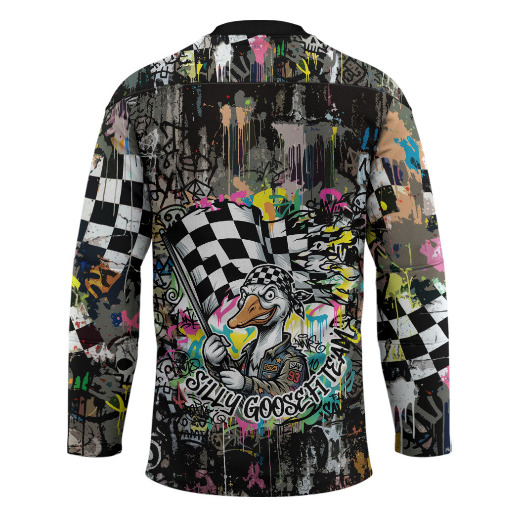 Silly Goose Team Racing Hockey Jersey Colorful Street Graffiti Checkered Flag