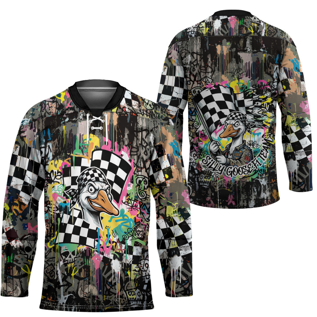 Silly Goose Team Racing Hockey Jersey Colorful Street Graffiti Checkered Flag