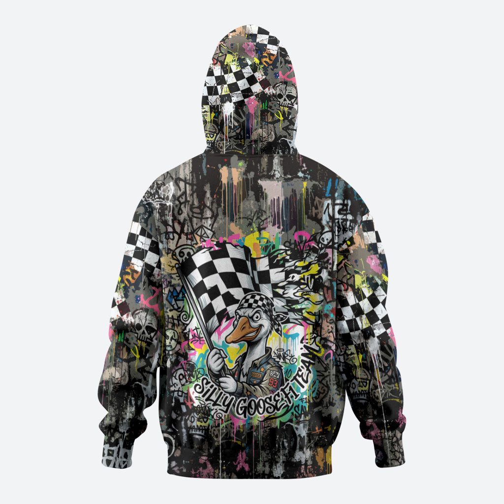 Silly Goose Team Racing Hoodie Colorful Street Graffiti Checkered Flag