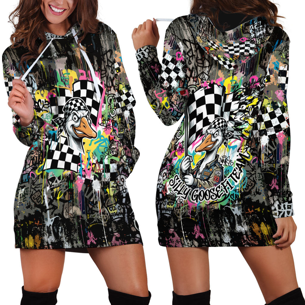 Silly Goose Team Racing Hoodie Dress Colorful Street Graffiti Checkered Flag