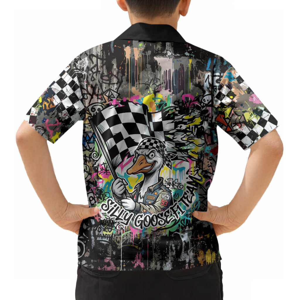 Silly Goose Team Racing Kid Hawaiian Shirt Colorful Street Graffiti Checkered Flag