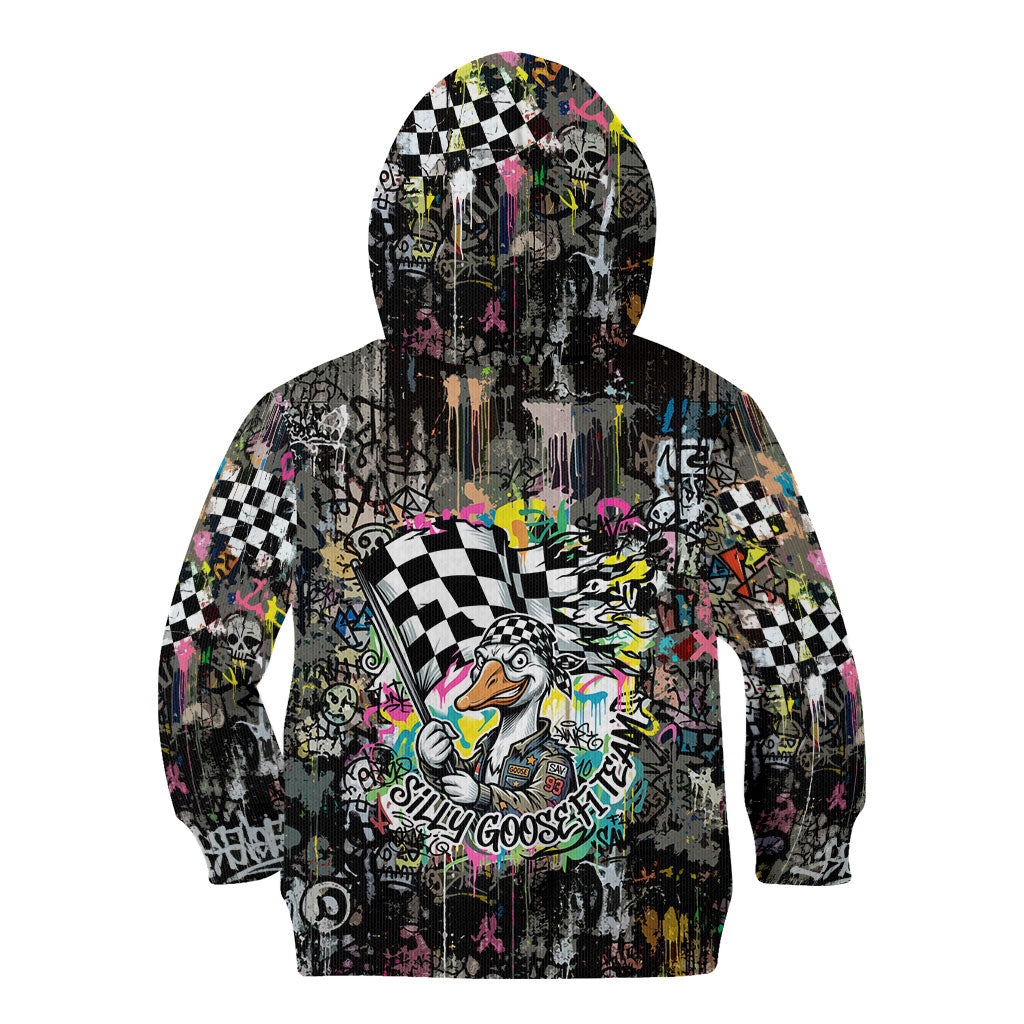 Silly Goose Team Racing Kid Hoodie Colorful Street Graffiti Checkered Flag