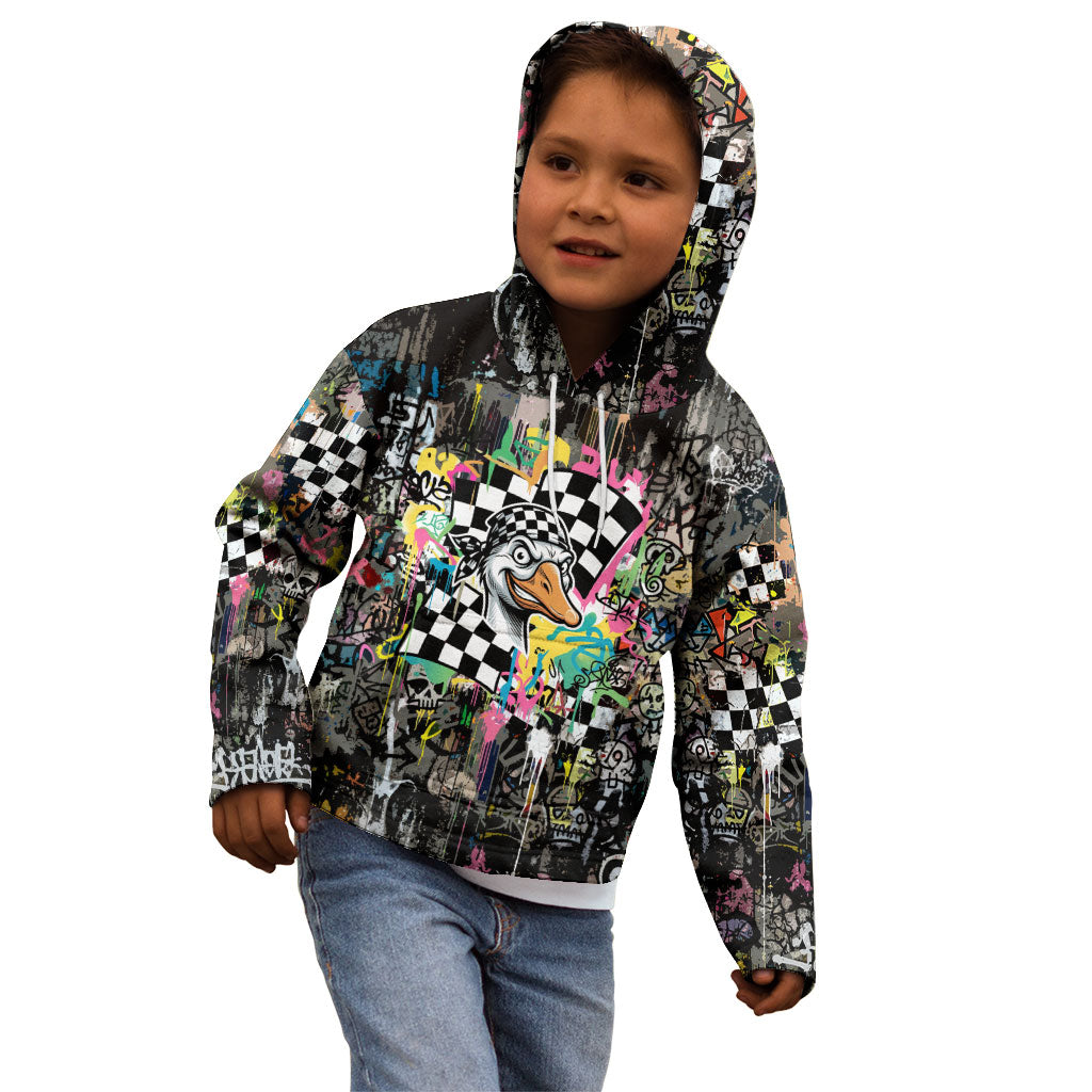 Silly Goose Team Racing Kid Hoodie Colorful Street Graffiti Checkered Flag