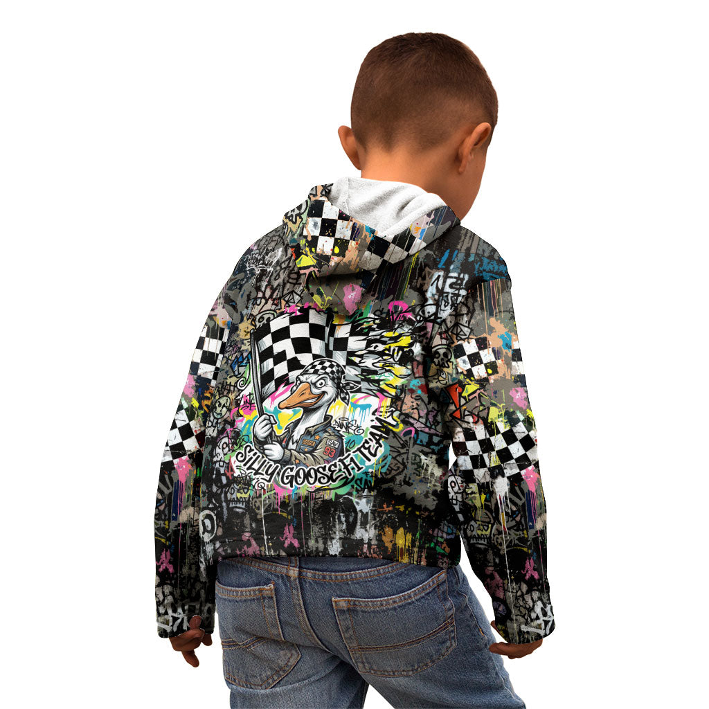 Silly Goose Team Racing Kid Hoodie Colorful Street Graffiti Checkered Flag