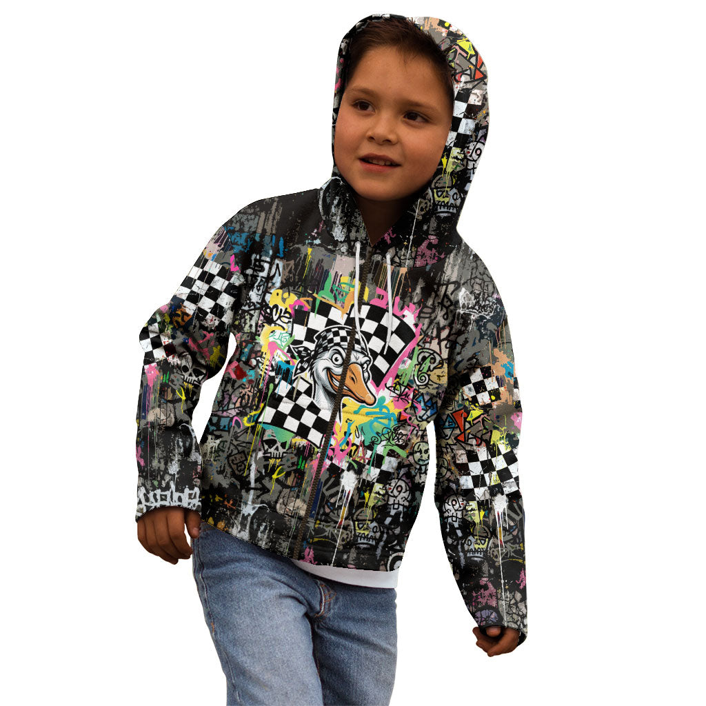 Silly Goose Team Racing Kid Hoodie Colorful Street Graffiti Checkered Flag