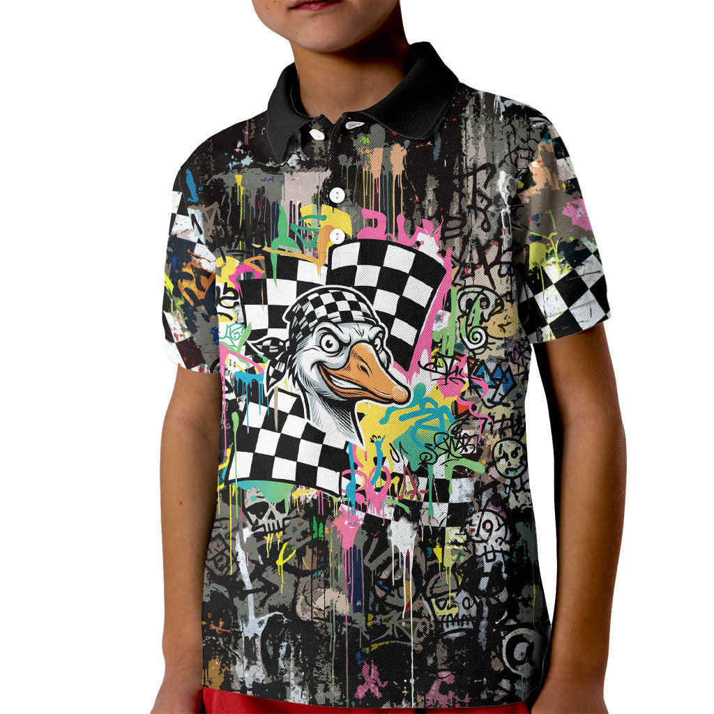 Silly Goose Team Racing Kid Polo Shirt Colorful Street Graffiti Checkered Flag