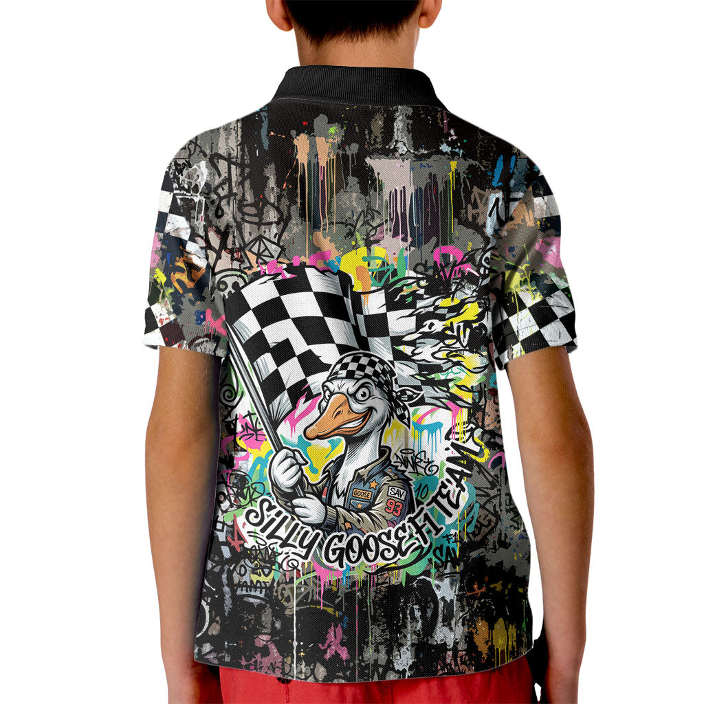 Silly Goose Team Racing Kid Polo Shirt Colorful Street Graffiti Checkered Flag
