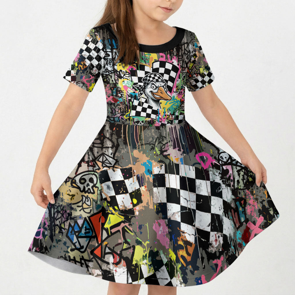 Silly Goose Team Racing Kid Short Sleeve Dress Colorful Street Graffiti Checkered Flag