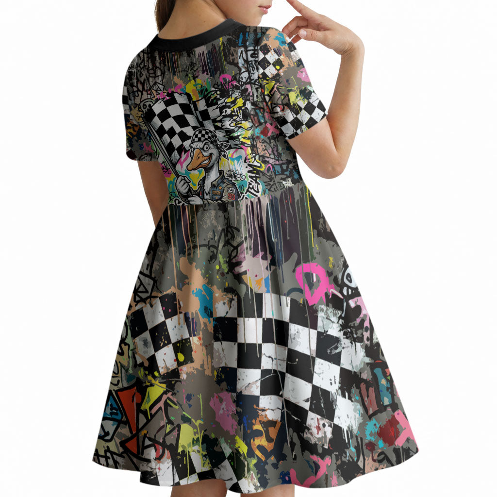 Silly Goose Team Racing Kid Short Sleeve Dress Colorful Street Graffiti Checkered Flag