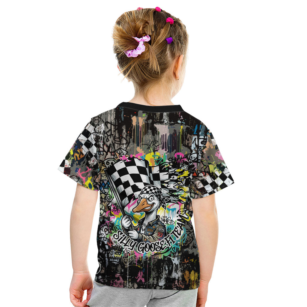 Silly Goose Team Racing Kid T Shirt Colorful Street Graffiti Checkered Flag