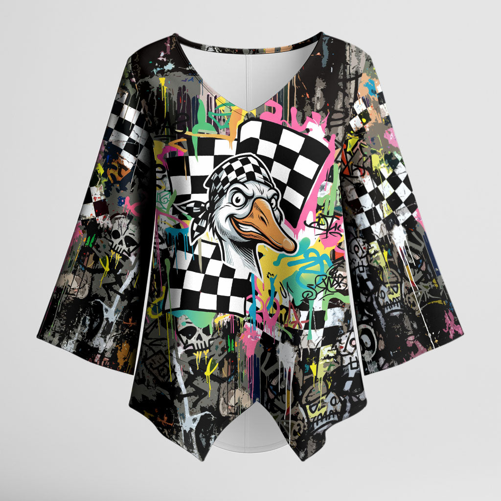 Silly Goose Team Racing Kimono Sleeve Blouse Colorful Street Graffiti Checkered Flag