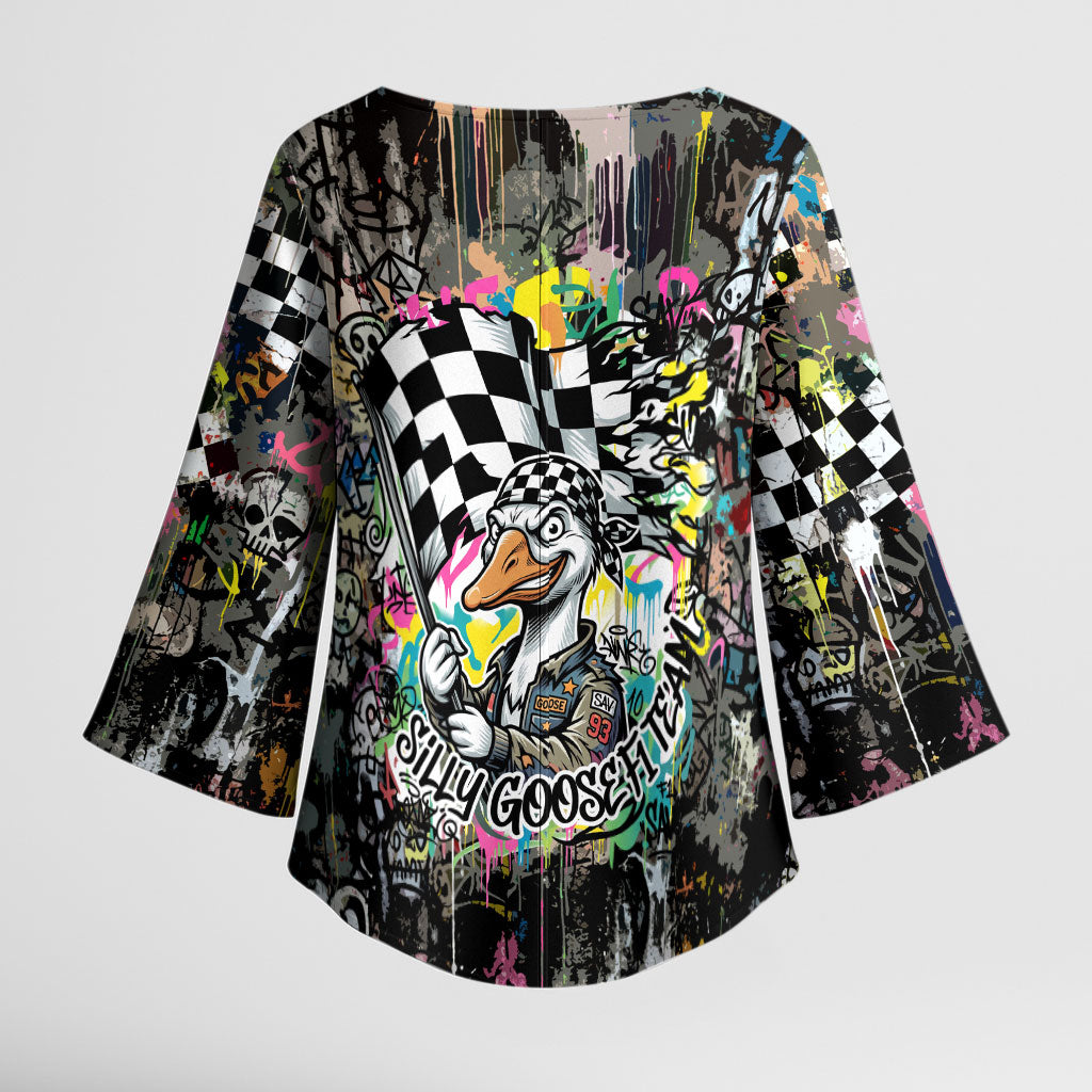 Silly Goose Team Racing Kimono Sleeve Blouse Colorful Street Graffiti Checkered Flag