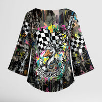 Silly Goose Team Racing Kimono Sleeve Blouse Colorful Street Graffiti Checkered Flag