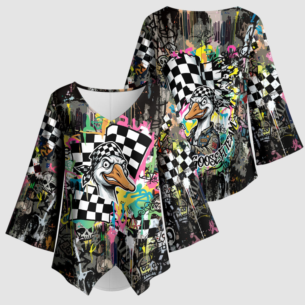 Silly Goose Team Racing Kimono Sleeve Blouse Colorful Street Graffiti Checkered Flag