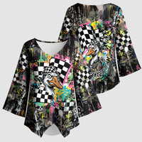 Silly Goose Team Racing Kimono Sleeve Blouse Colorful Street Graffiti Checkered Flag