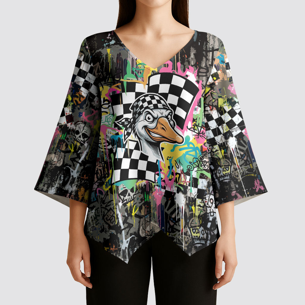 Silly Goose Team Racing Kimono Sleeve Blouse Colorful Street Graffiti Checkered Flag