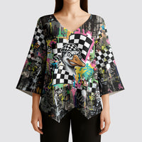 Silly Goose Team Racing Kimono Sleeve Blouse Colorful Street Graffiti Checkered Flag