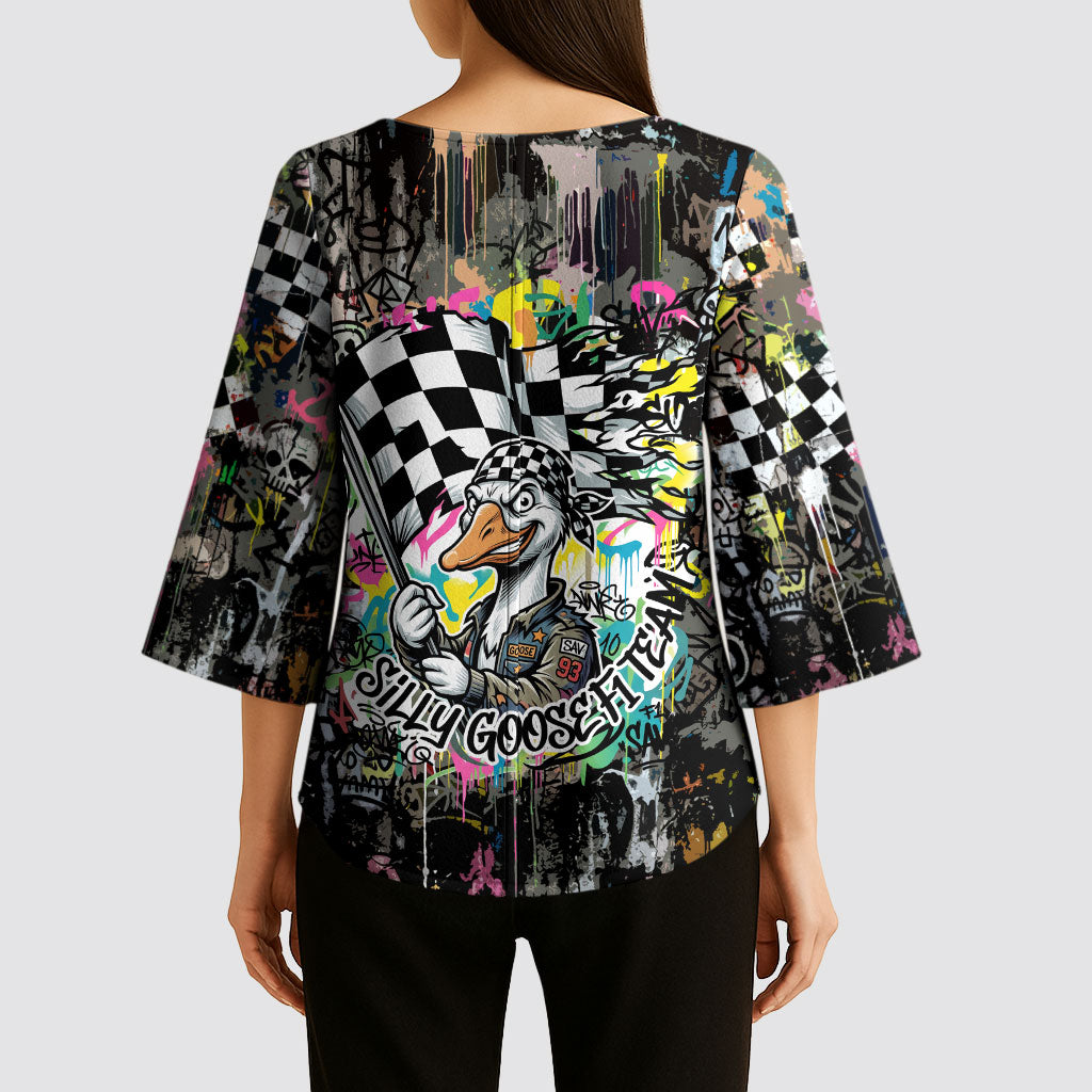 Silly Goose Team Racing Kimono Sleeve Blouse Colorful Street Graffiti Checkered Flag