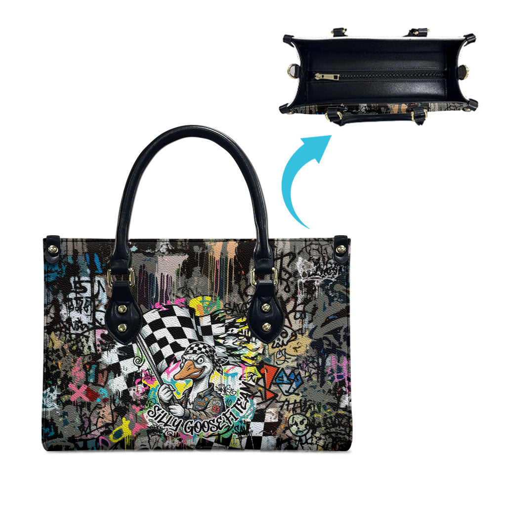 Silly Goose Team Racing Leather Bag Colorful Street Graffiti Checkered Flag